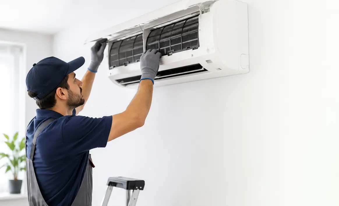 AC technician servicing an indoor split air conditioner