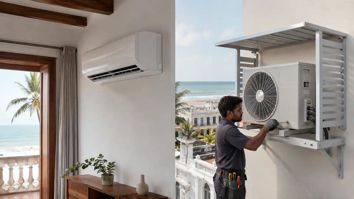 Commercial coastal building AC outdoor units being inspected for corrosion protection