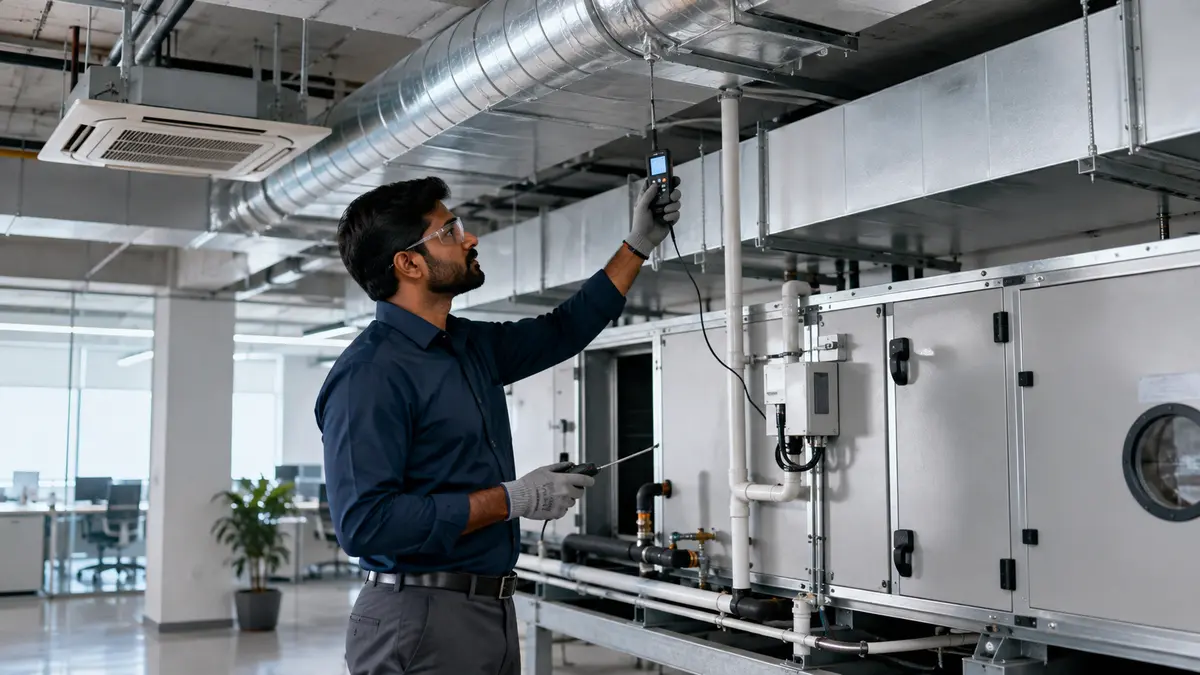 Commercial AC airflow being checked across a large open room
