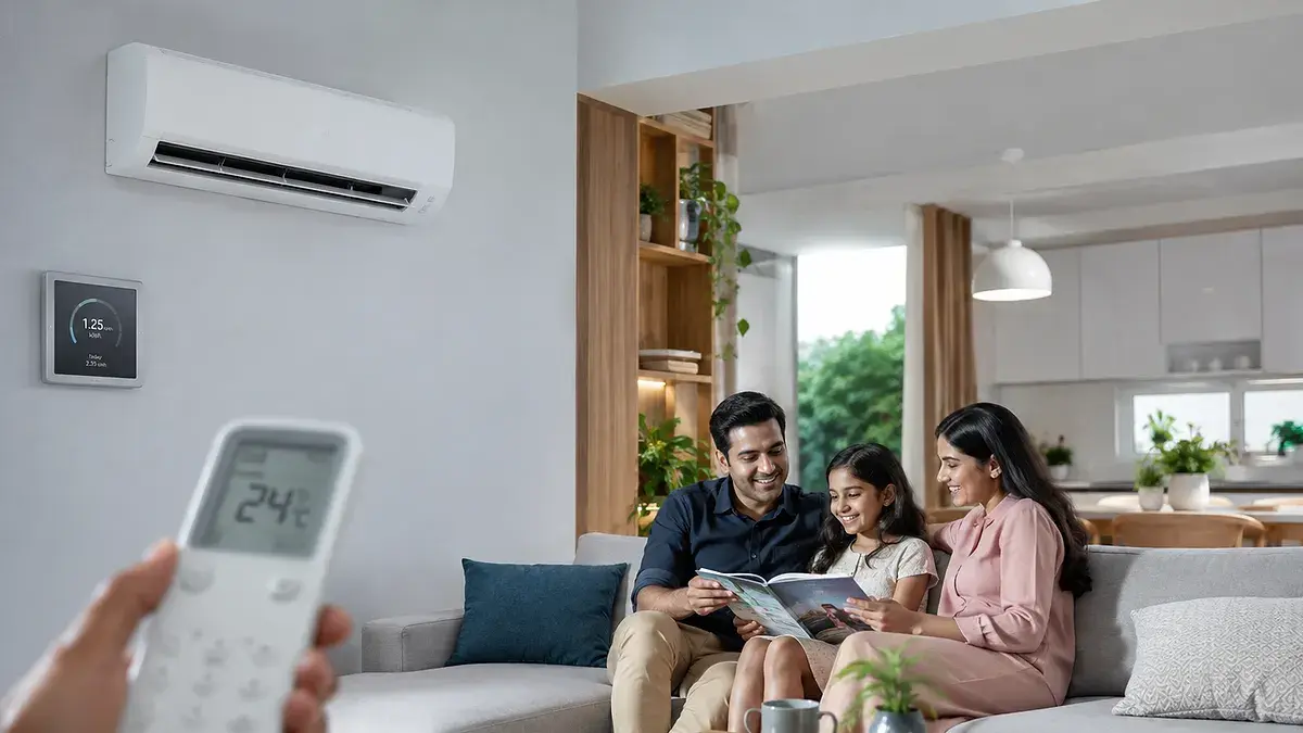 Family using an air conditioner efficiently at 24 degrees in a coastal Indian home