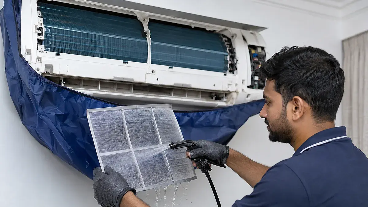 Air conditioner technician checking weak cooling during intense peak summer heat