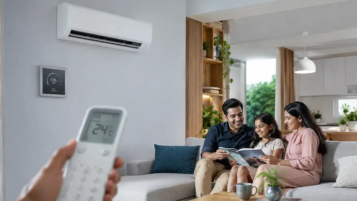 Homeowner reviewing a higher electricity bill while an air conditioner operates