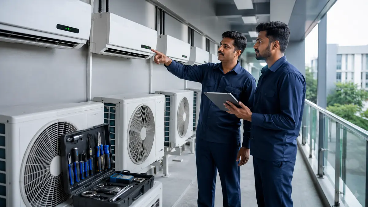 Facilities team reviewing AC AMC maintenance assets in Pondicherry