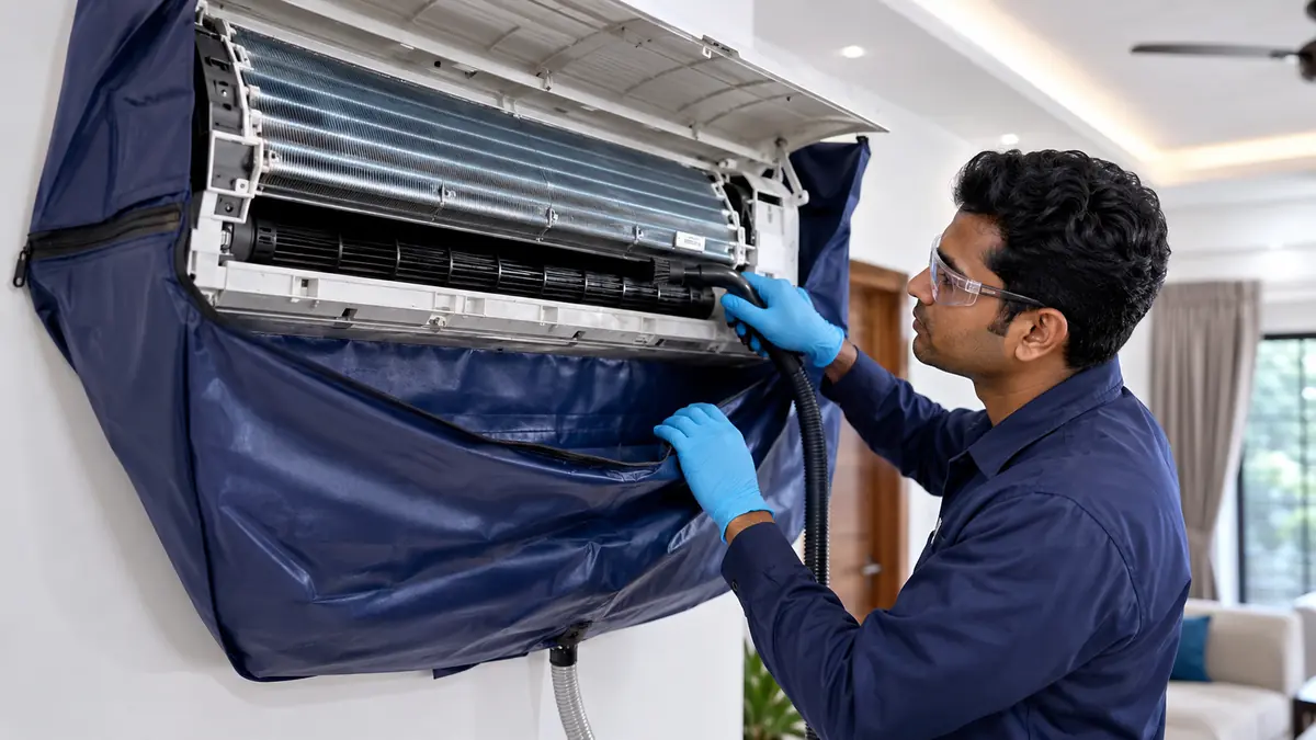 Technician performing protected AC deep cleaning in a Pondicherry home