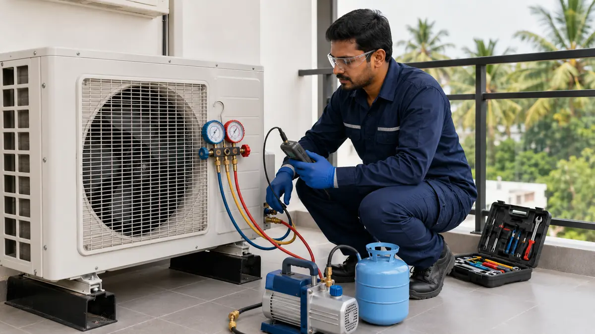 Technician using gauges and a leak detector for AC gas refilling in Pondicherry