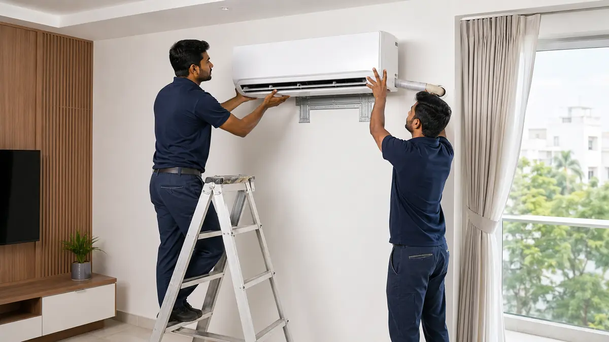 Two technicians installing a split AC in a Pondicherry apartment