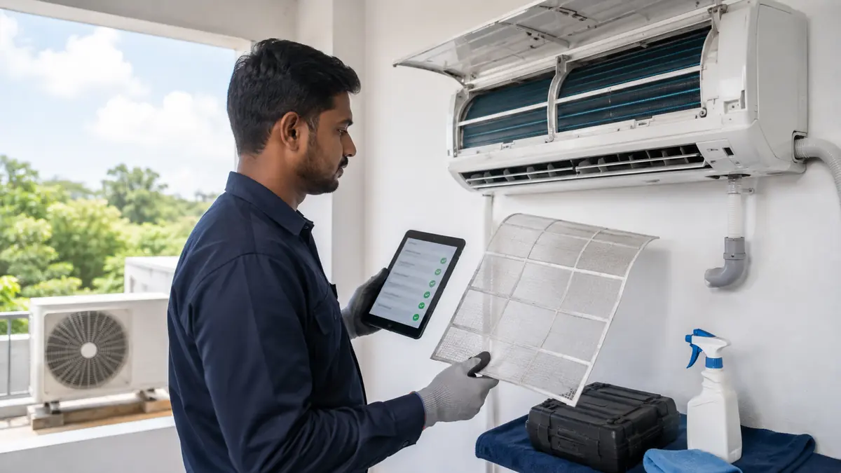 Technician recording preventive AC maintenance in Pondicherry
