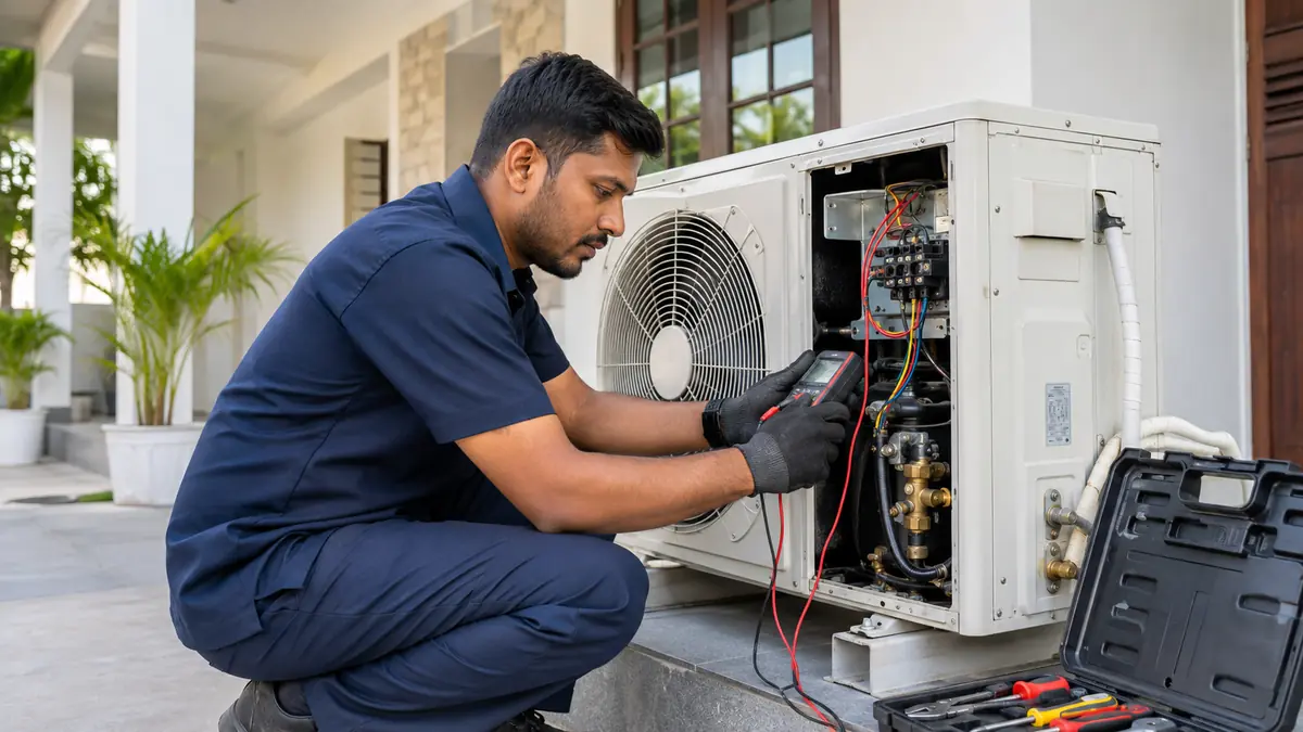 Technician diagnosing an outdoor AC unit for repair in Pondicherry