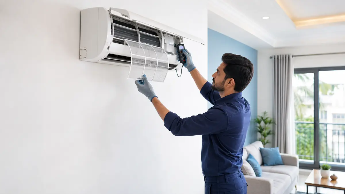 Technician performing professional AC service in a Pondicherry home