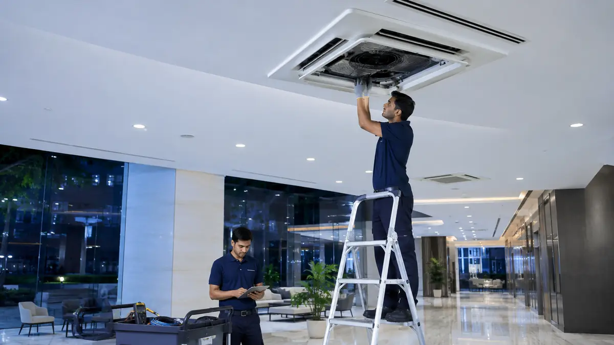Technicians servicing a ceiling cassette AC in a Pondicherry commercial building