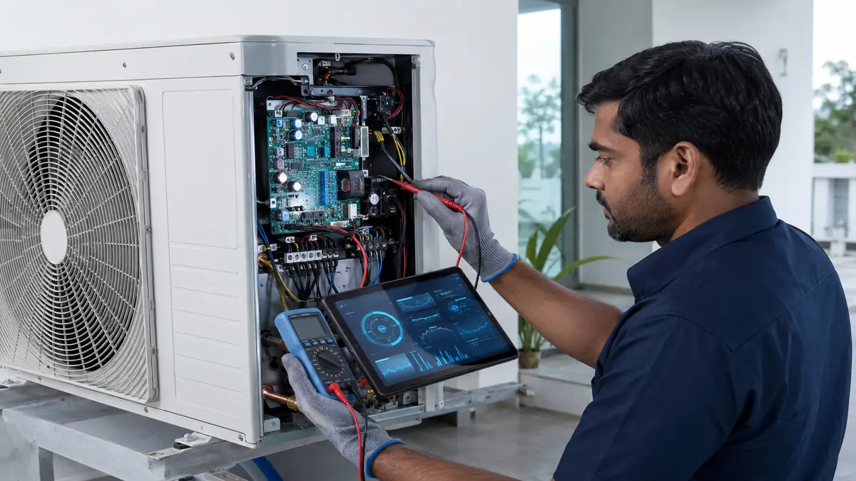 Technician diagnosing an inverter AC control board in Pondicherry