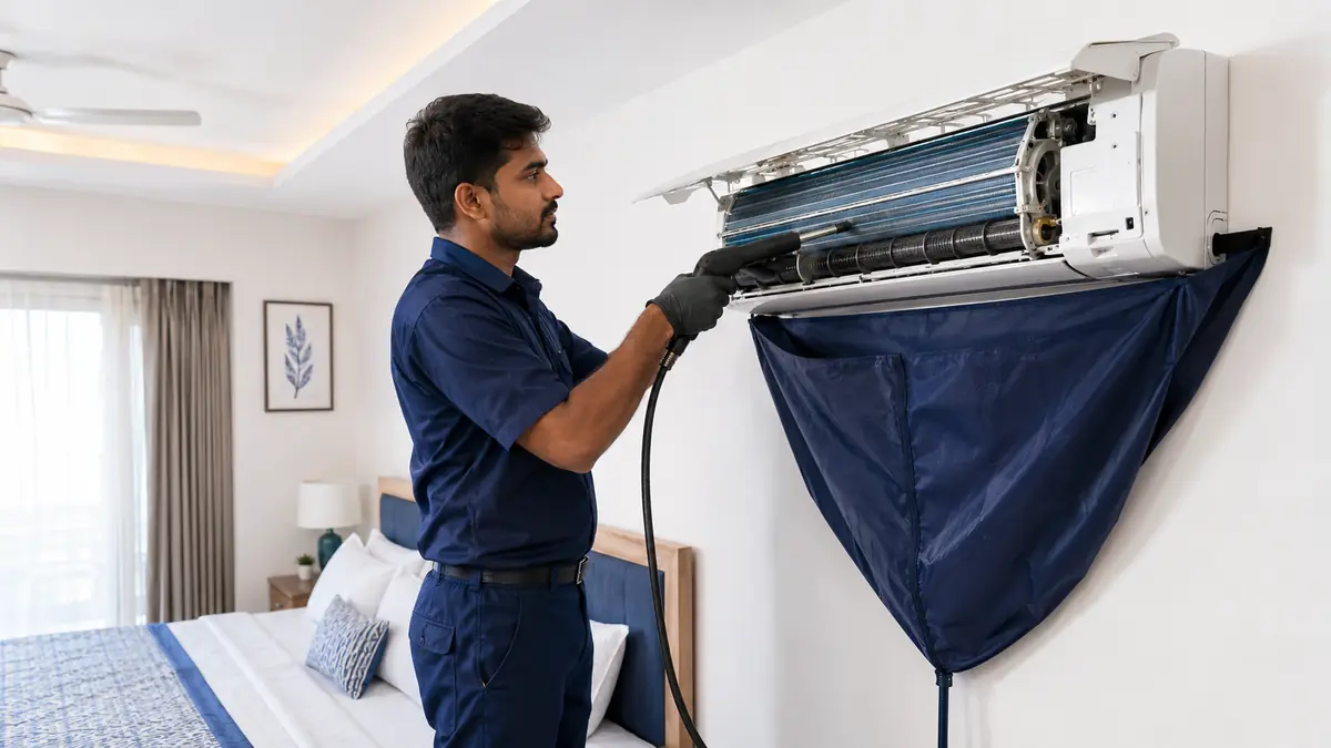 Technician cleaning a split AC with a protective wash bag in Pondicherry