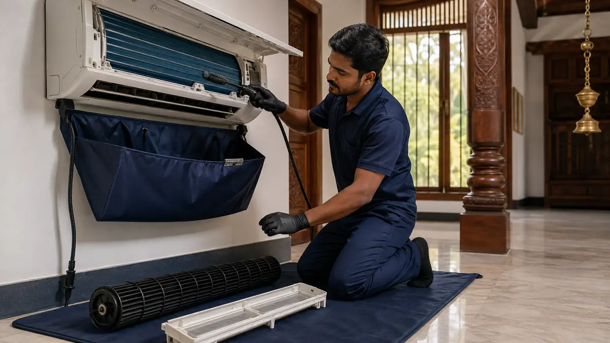 Technician performing protected AC deep cleaning in Chidambaram