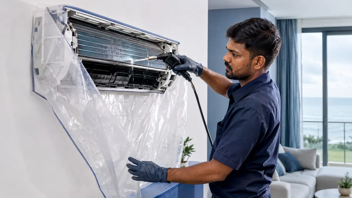 Technician performing protected AC deep cleaning in Cuddalore