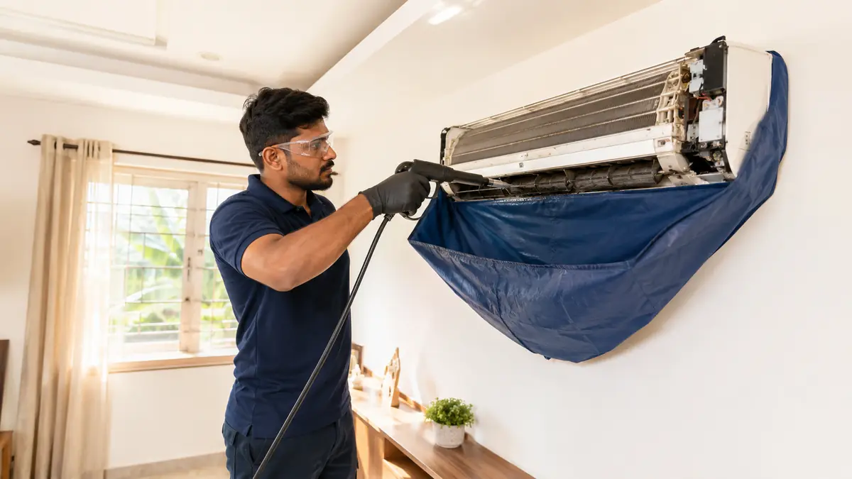 Technician performing protected AC deep cleaning in Villupuram