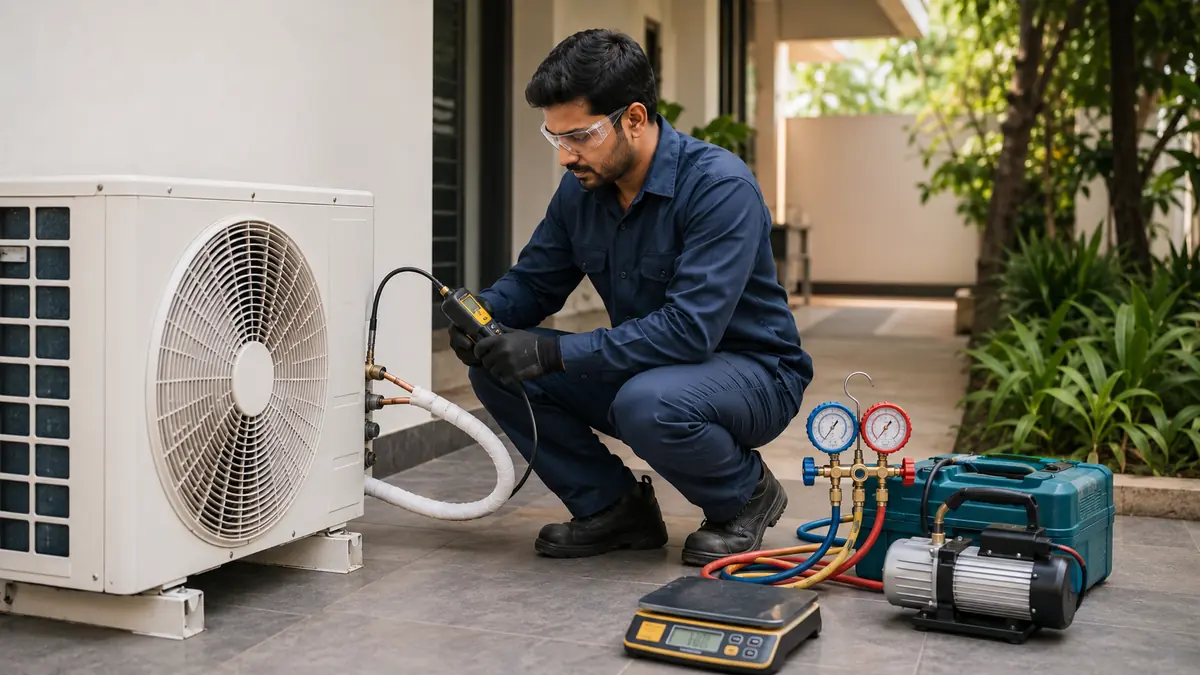 Technician performing leak-first AC gas service in Chidambaram