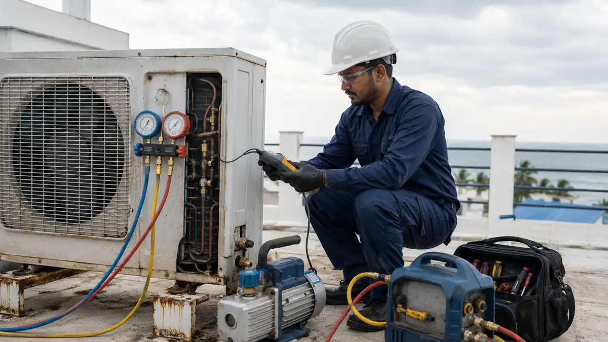 Technician performing leak-first AC gas service in Cuddalore