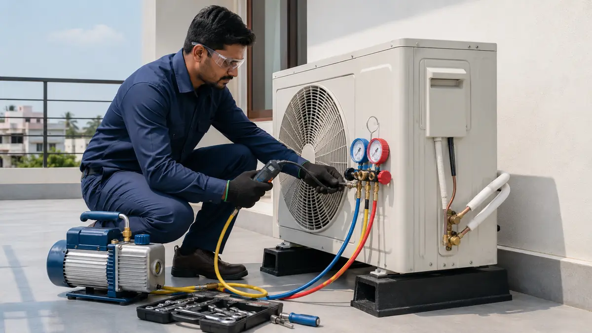 Technician performing leak-first AC gas service in Villupuram