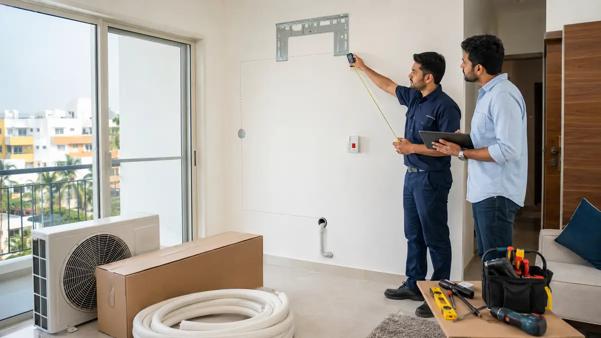 Technician measuring an AC installation site and reviewing costs in Pondicherry