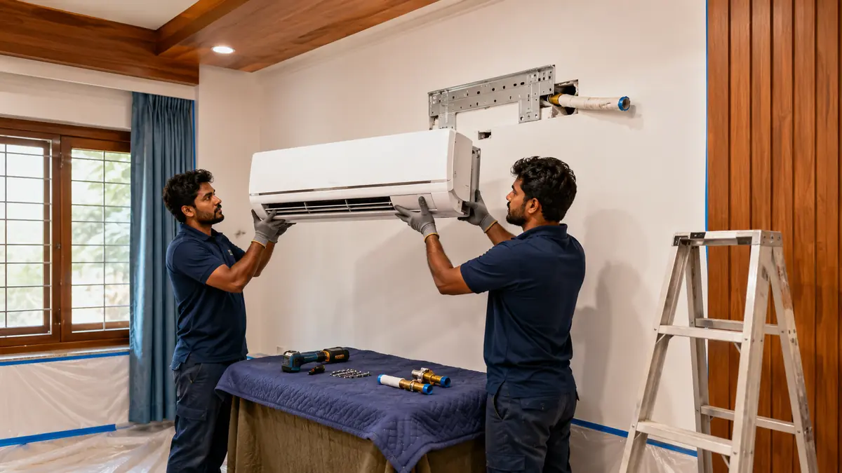 Technicians safely relocating an AC system in Chidambaram