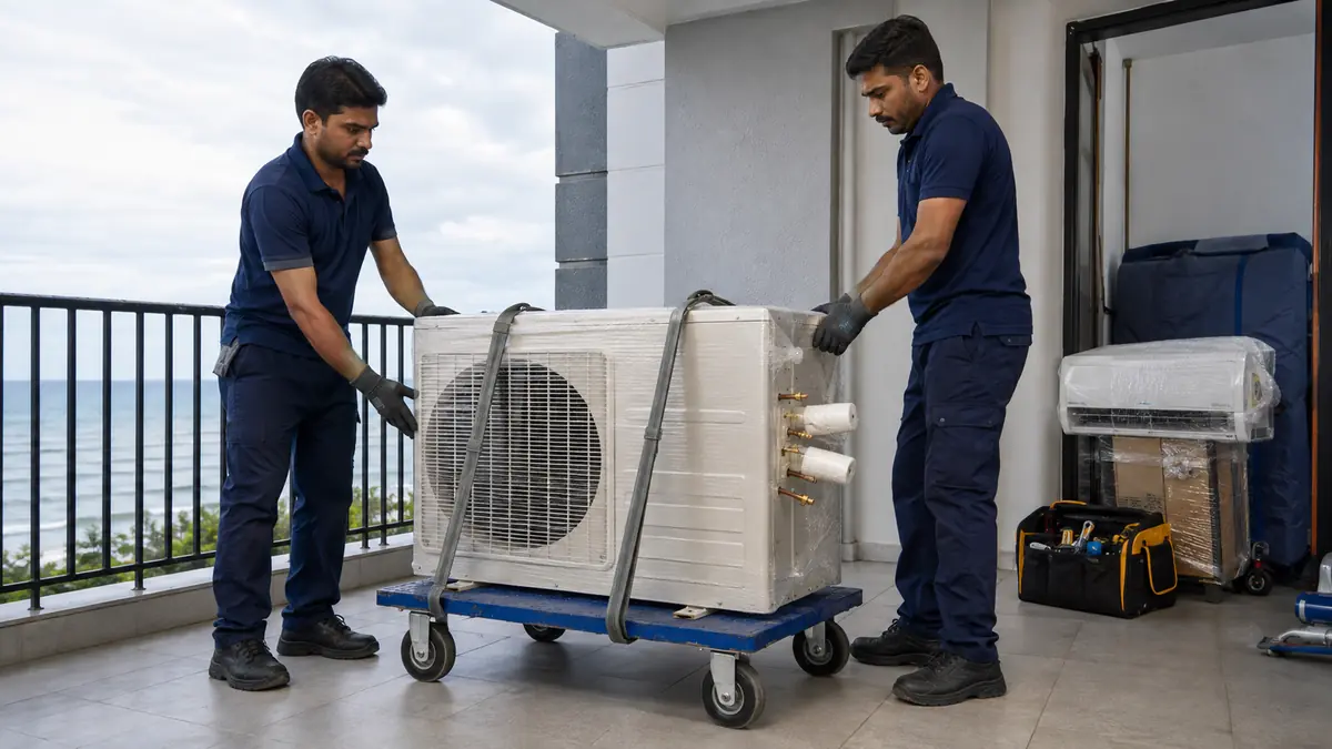 Technicians safely relocating an AC system in Cuddalore