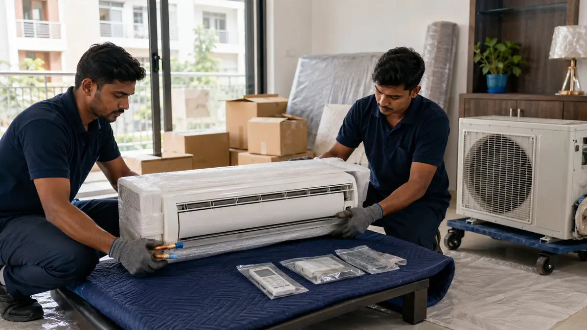 Technicians safely relocating an AC system in Villupuram