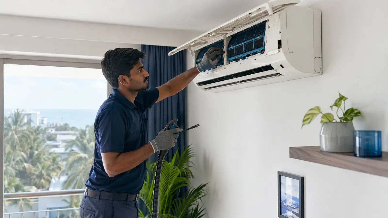 Technician inspecting a split AC during a professional service visit in Pondicherry