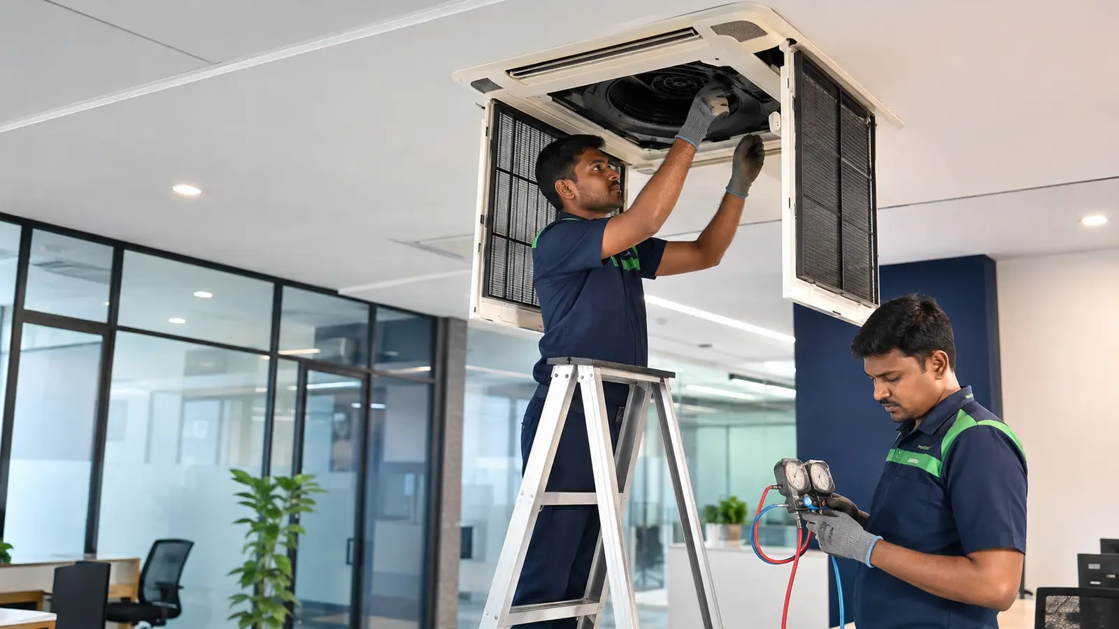 HVAC technicians commissioning a cassette AC for a commercial office in Pondicherry