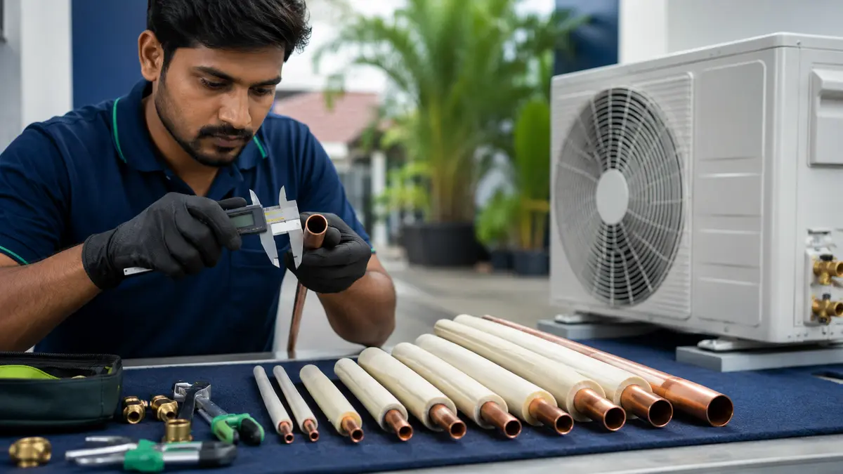HVAC technician measuring copper pipe diameter beside insulated AC line sets