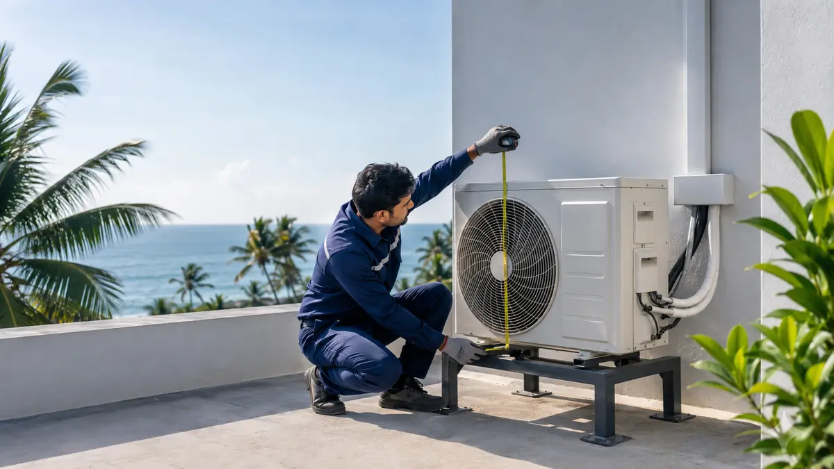 HVAC technician checking clearances around a well-mounted outdoor AC unit