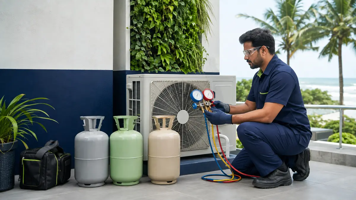 Trained HVAC technician comparing unbranded refrigerant cylinders beside a split AC outdoor unit