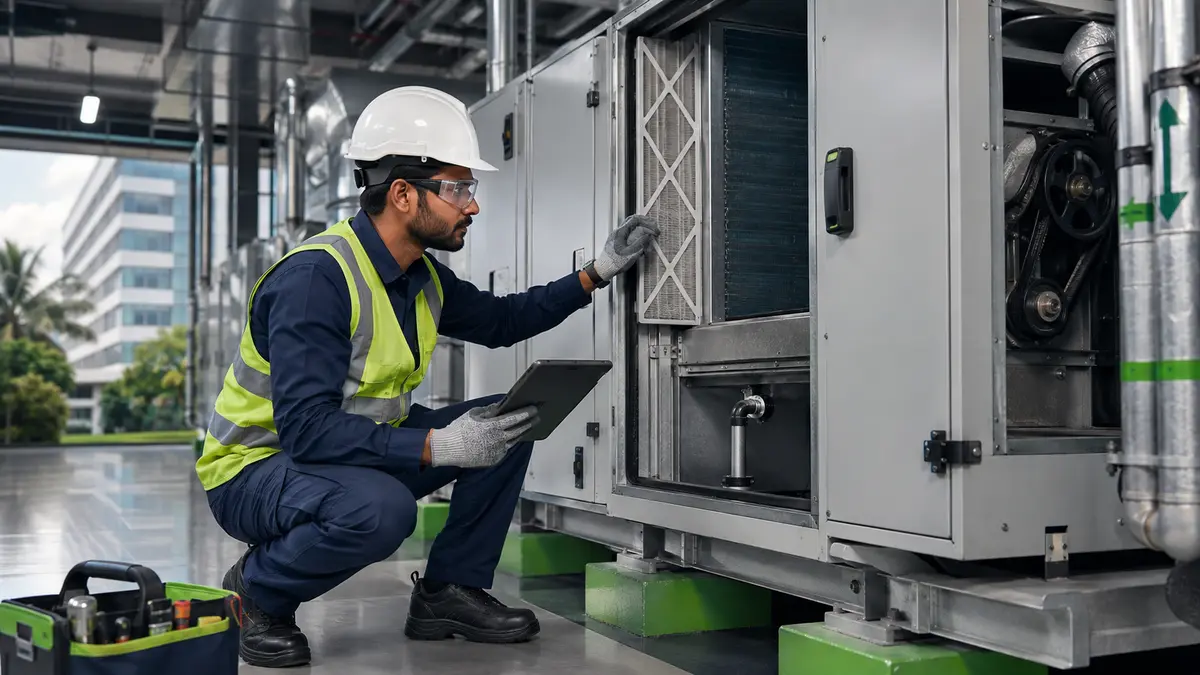 Commercial HVAC technician inspecting filters and equipment with a digital checklist