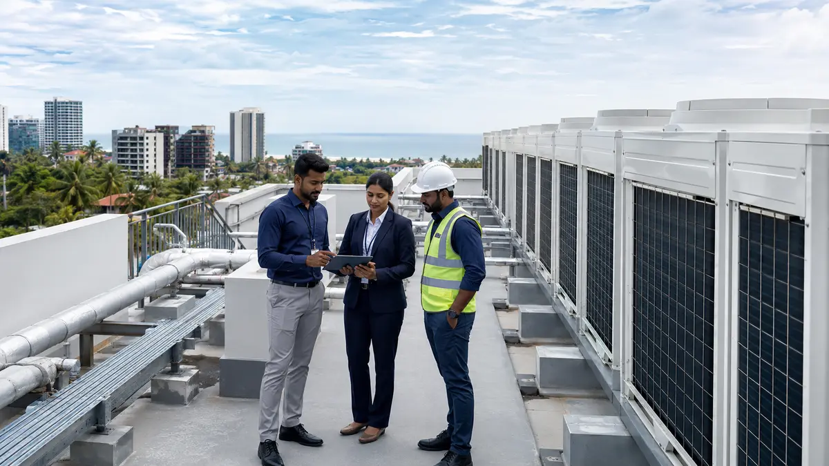 Facility manager and HVAC engineers planning commercial cooling beside office-building outdoor units