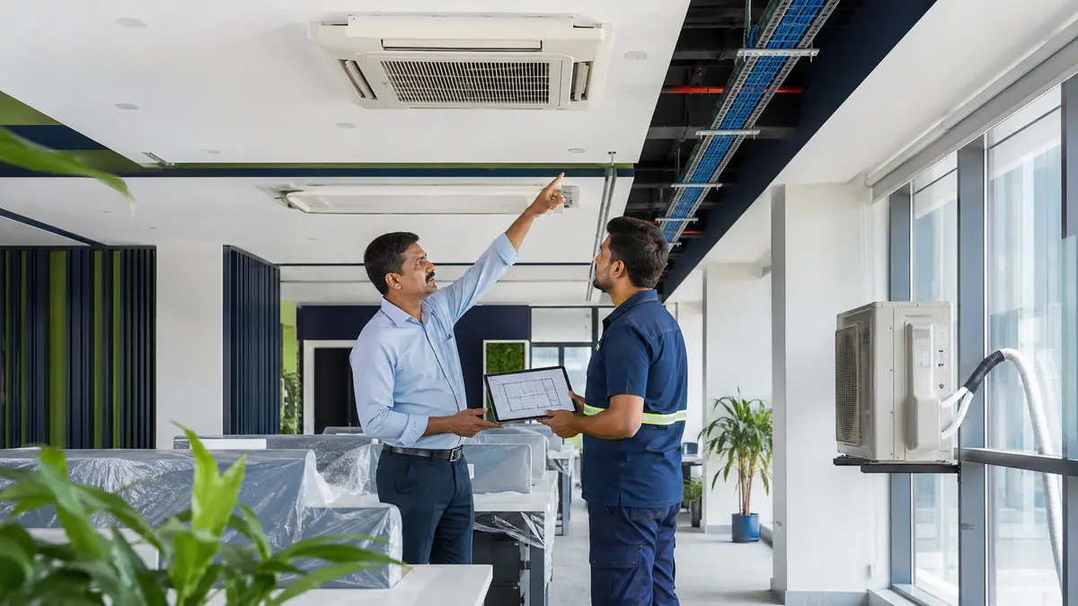 Office facility manager and HVAC technician reviewing AC positions and ceiling service routes