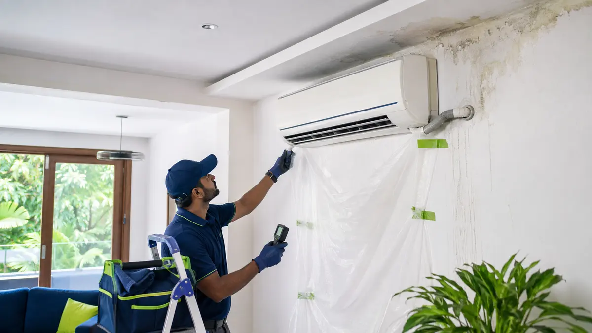 HVAC technician inspecting a split AC drain beside damp wall and ceiling staining
