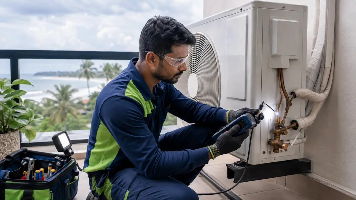 HVAC technician using an electronic refrigerant leak detector at a split AC flare joint