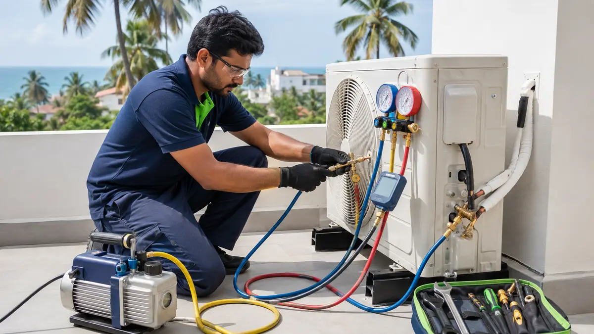 HVAC installer using a vacuum pump and gauges while commissioning a split AC